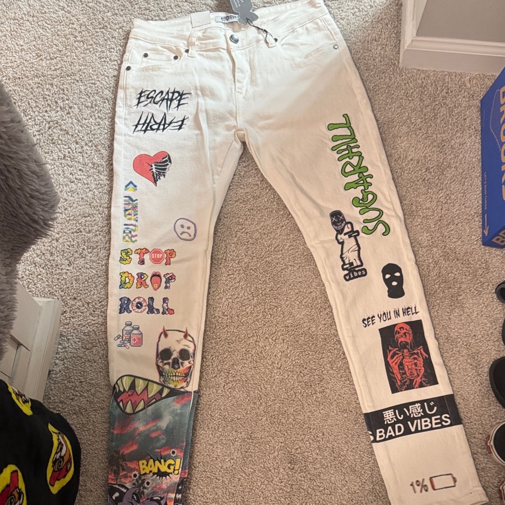 Graphic White Jeans with Colorful Prints